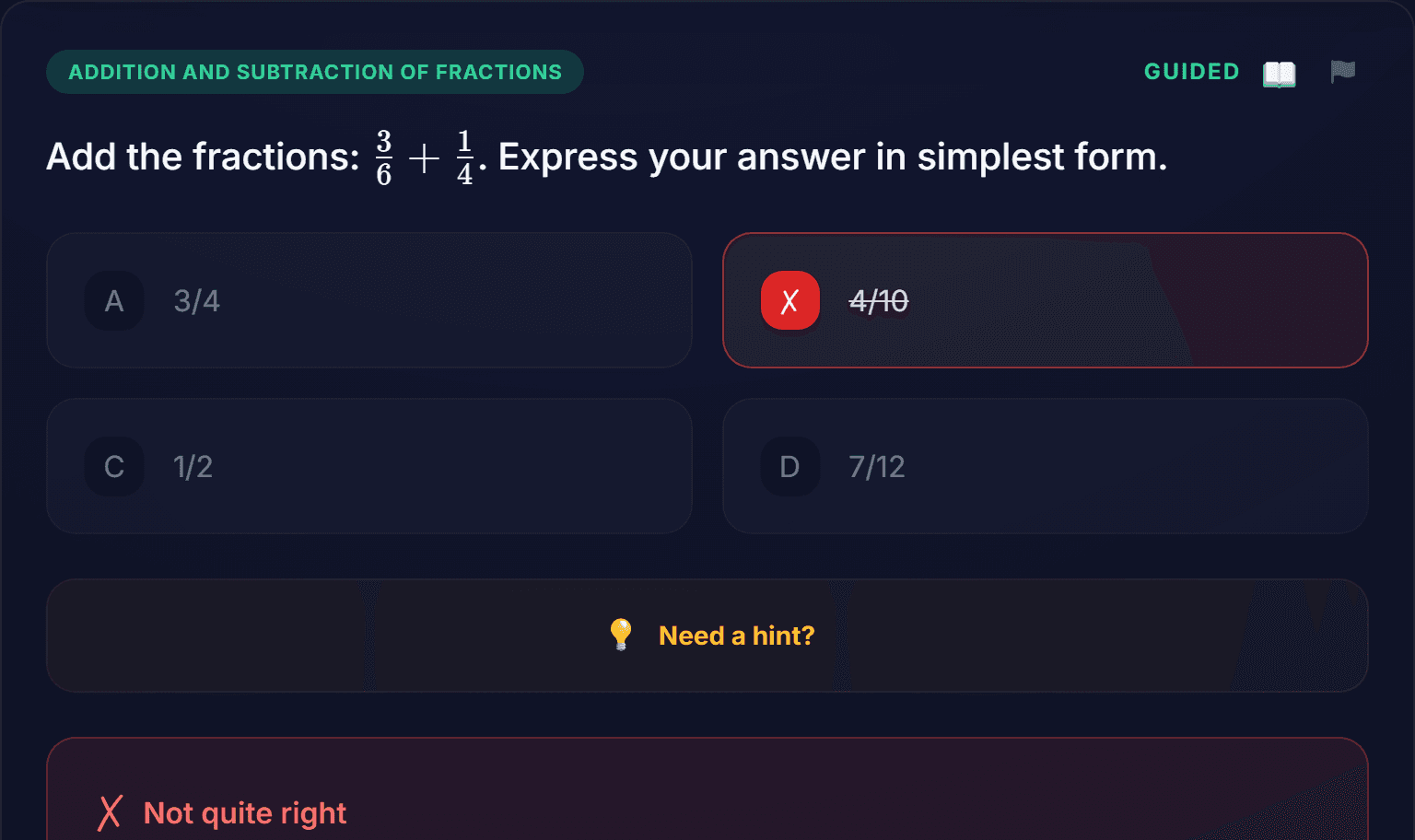 The option 4/10 marked wrong, with a red Not quite right banner below
