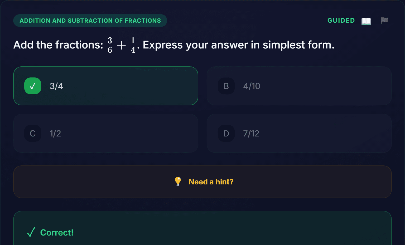 The correct option 3/4 selected, with a green Correct banner below
