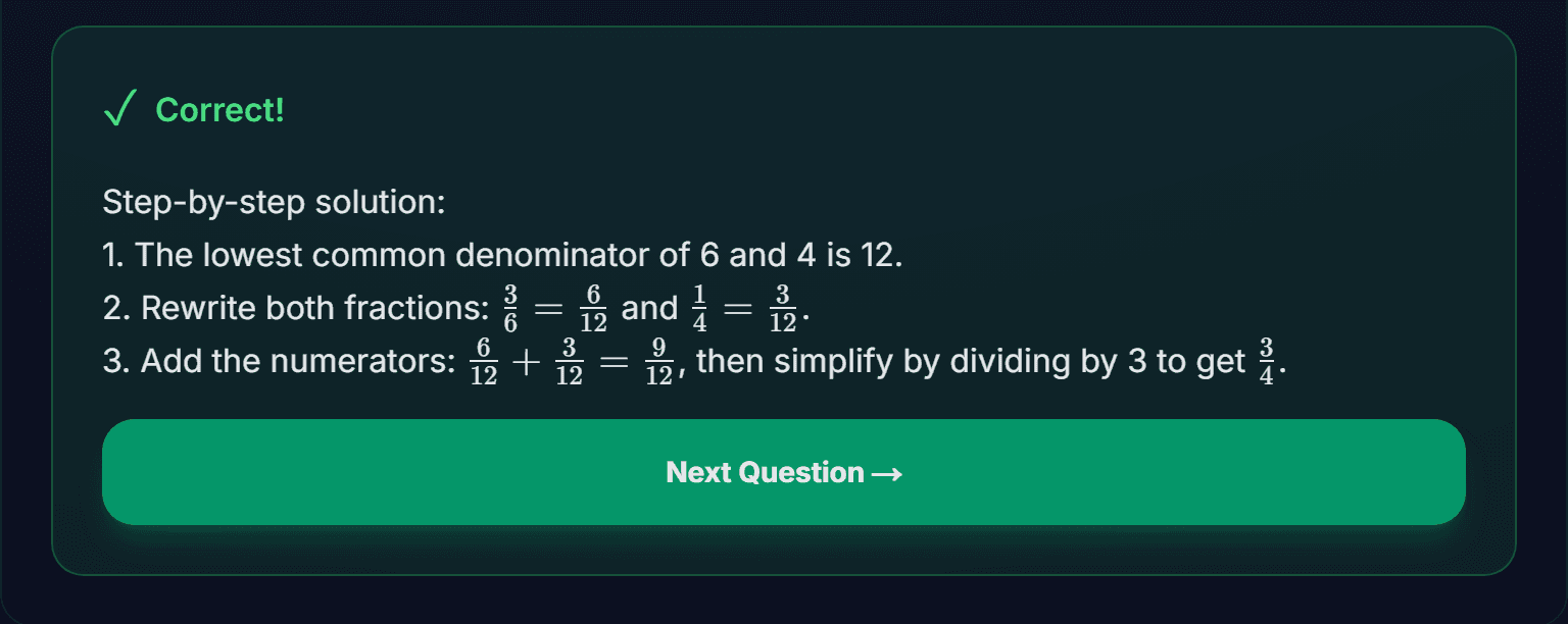 Green outcome feedback showing the step-by-step solution and a Next Question button